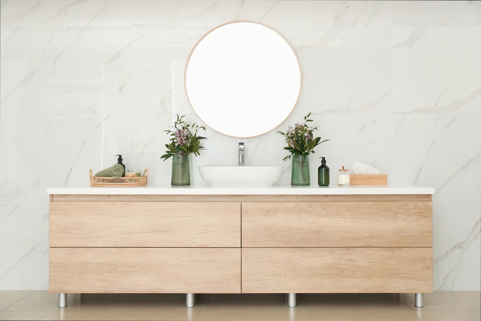 Fluted oval ceramic basin in a bright modern master bathroom, elevating daily handwashing and grooming with sleek aesthetics and functional design.