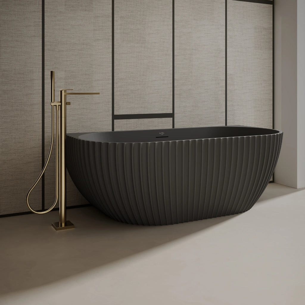 MonBlari MR-88876 Black Solid Surface Back-to-Wall Bathtub 1700mm Fluted Design