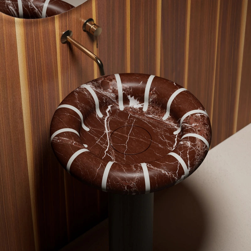MonBlari Circus Series Architectural Rosso Levanto Marble Pedestal Basin for Luxury Bathrooms