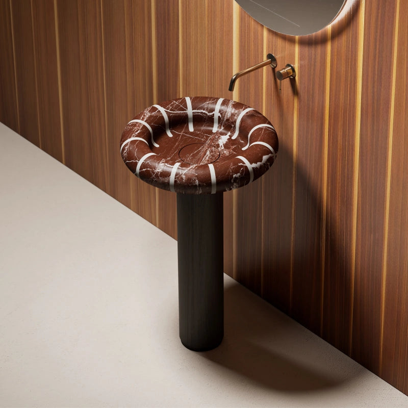 MonBlari Circus Series Architectural Rosso Levanto Marble Pedestal Basin for Luxury Bathrooms