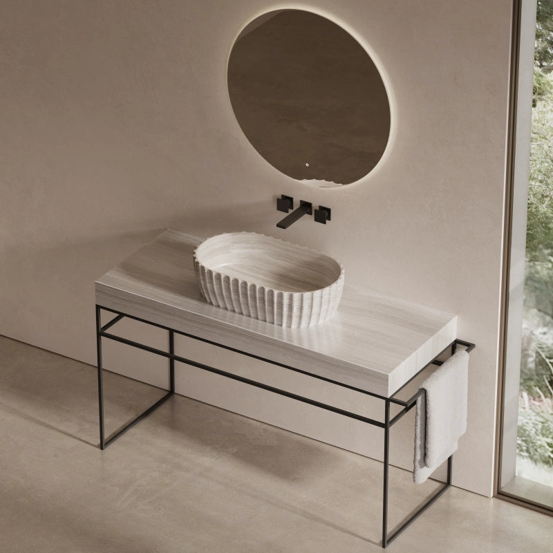 MonBlari Marble Sculptural Fluted Console Basin with Metal Towel Rail