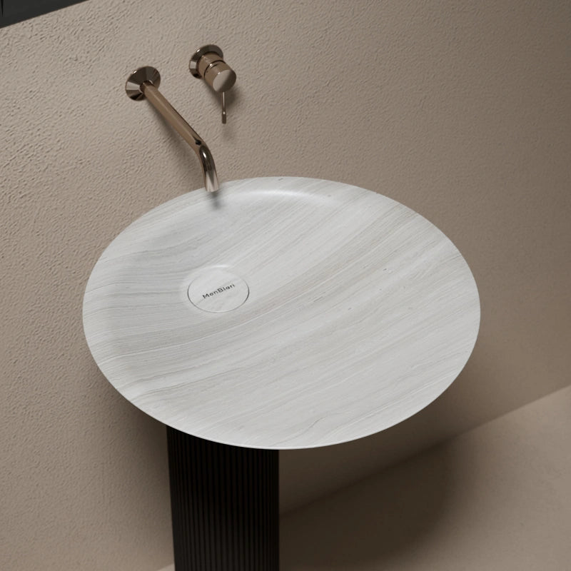 MonBlari MOON Series White Wood Marble Bathroom Pedestal Sink