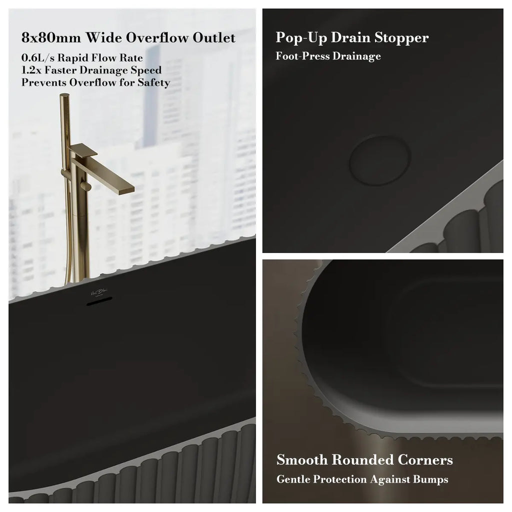 MonBlari Venus® MR-88871 Fluted Design Black Solid Surface Freestanding Bathtub 1700mm