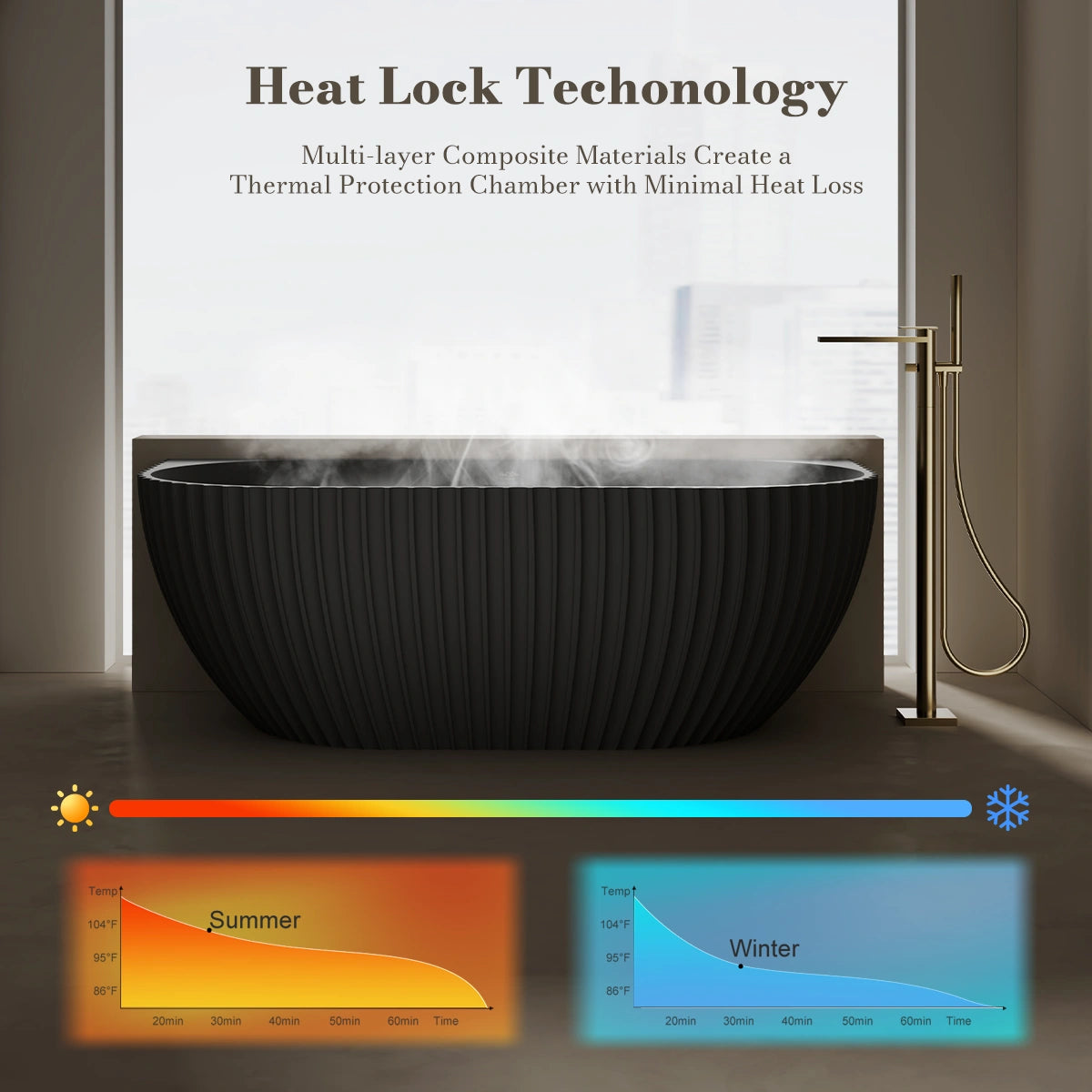 MonBlari MR-88876 Black Solid Surface Back-to-Wall Bathtub 1700mm