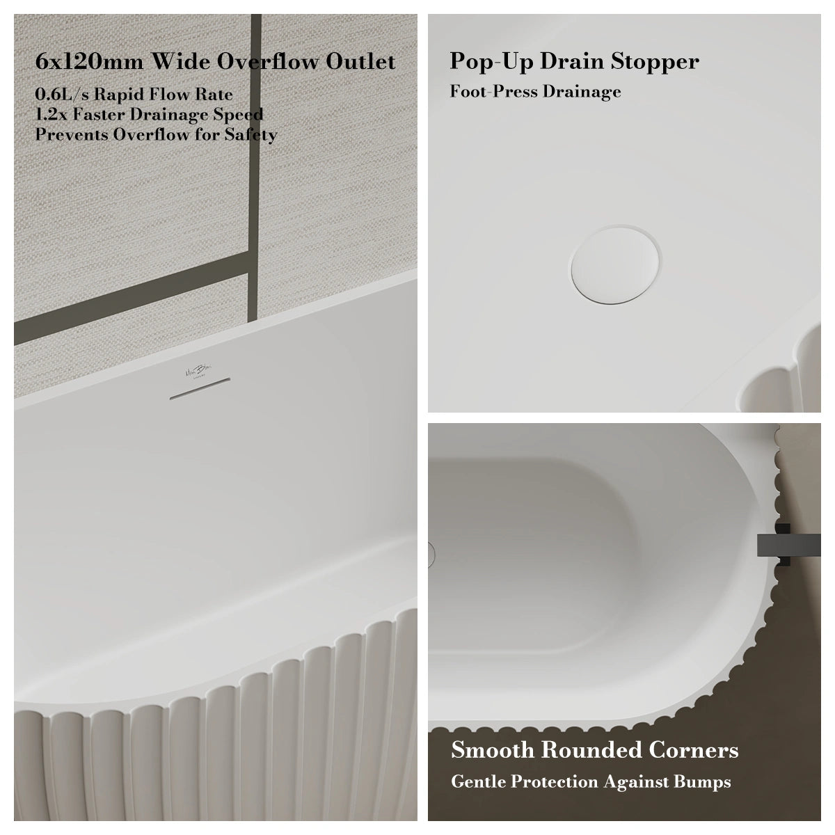 MonBlari MR-88876 White Solid Surface Back-to-Wall Bathtub 1700mm