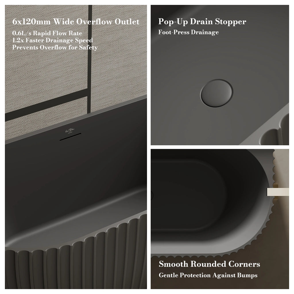 MonBlari MR-88876 Black Solid Surface Back-to-Wall Bathtub 1700mm Fluted Design