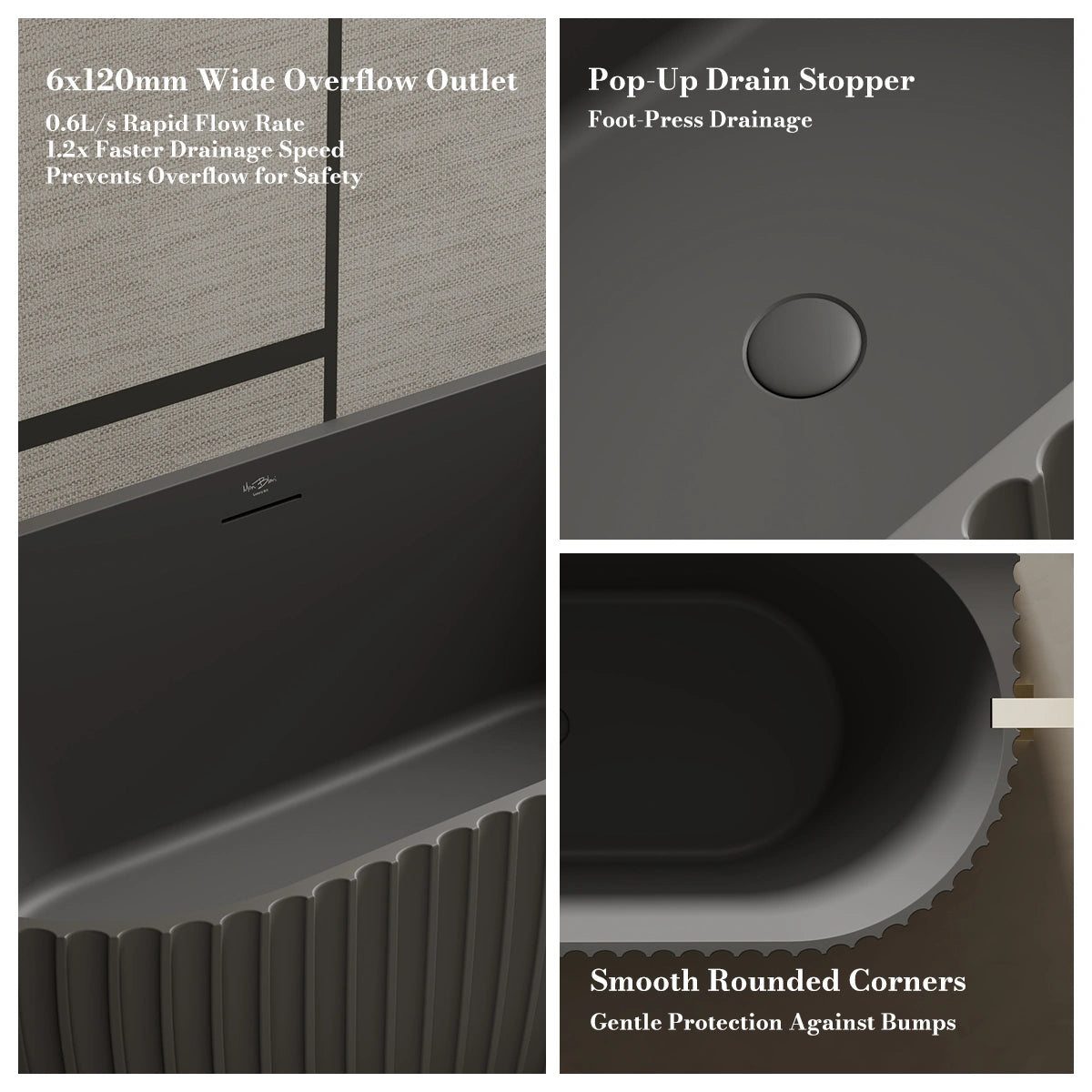 MonBlari MR-88876 Black Solid Surface Back-to-Wall Bathtub 1700mm