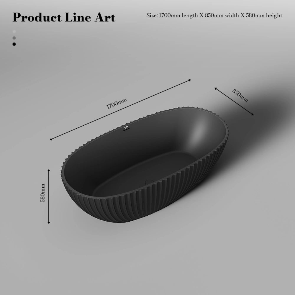 MonBlari Venus® MR-88877 Fluted Black Solid Surface Freestanding Bathtub 1700mm