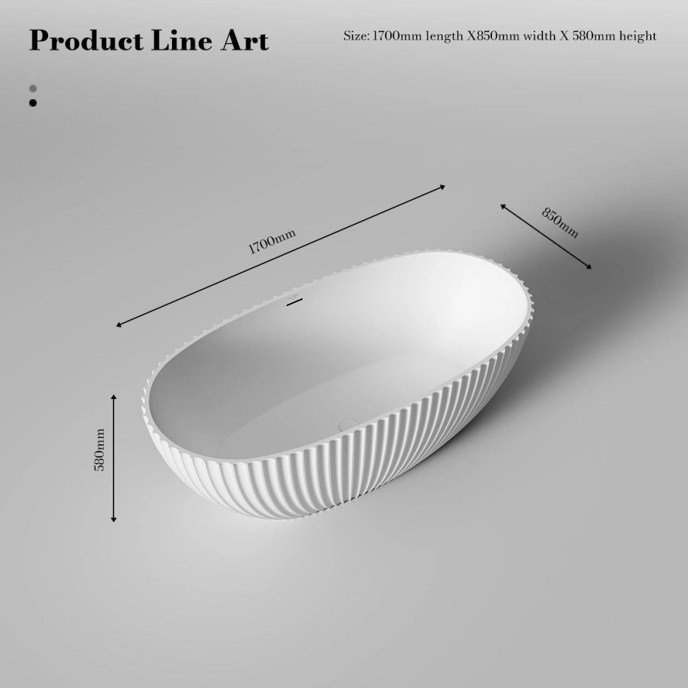 MonBlari Venus® MR-88877 White Fluted Solid Surface Freestanding Bathtub 1700mm