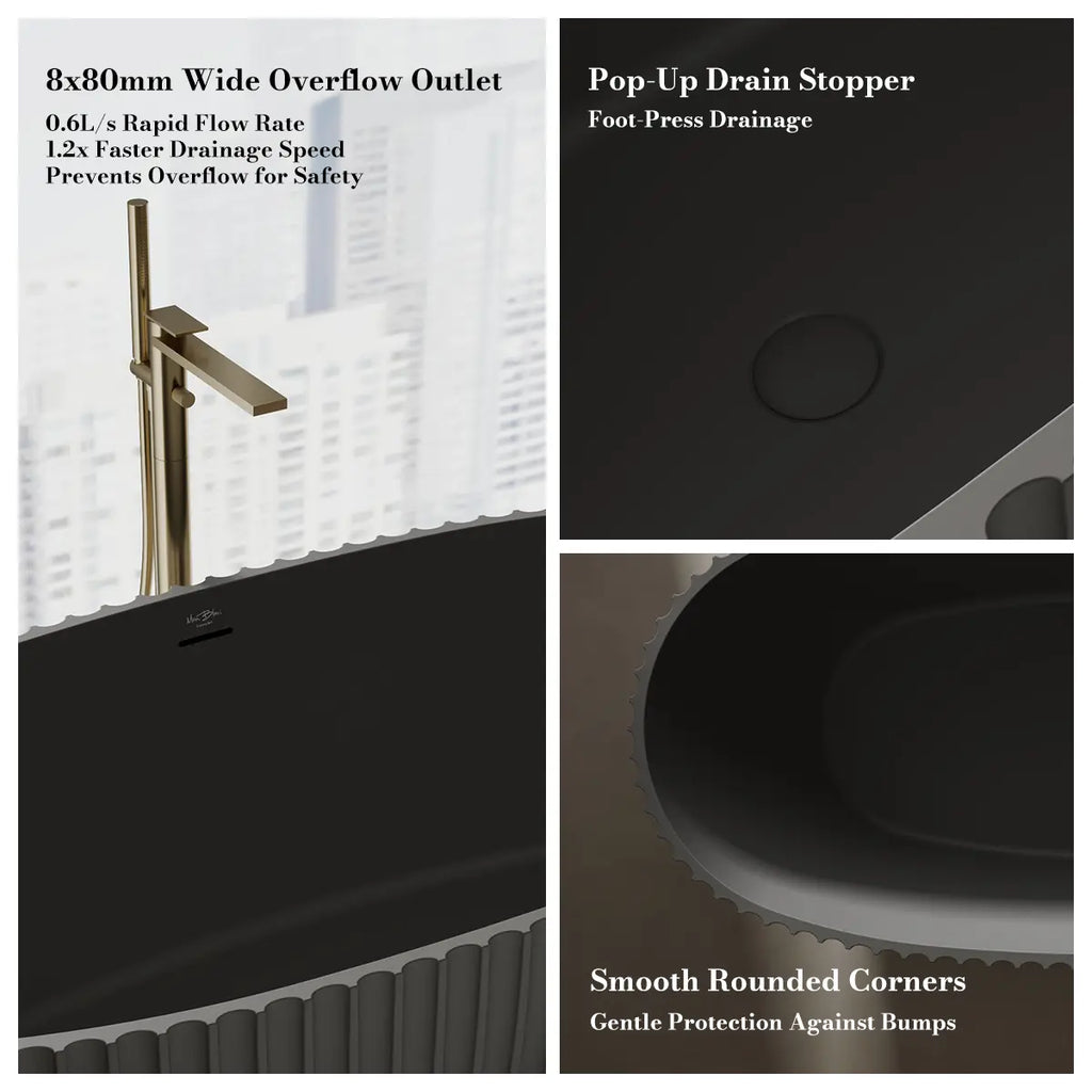 MonBlari Venus® MR-88877 Fluted Black Solid Surface Freestanding Bathtub 1700mm