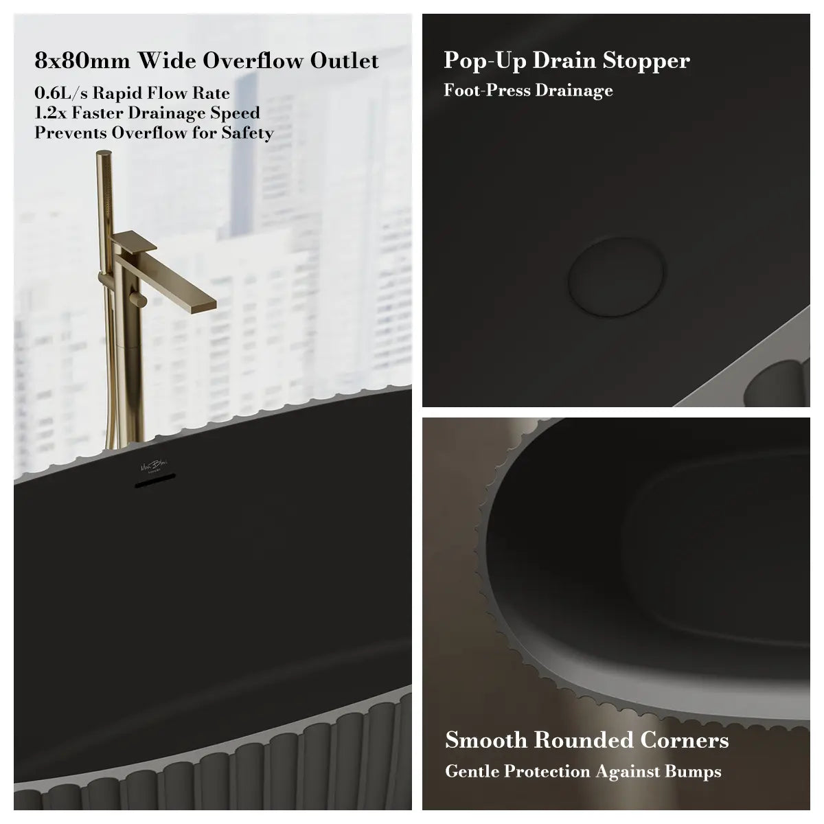 MonBlar Venus® MR-88877 Black Solid Surface Freestanding Bathtub 1700mm
