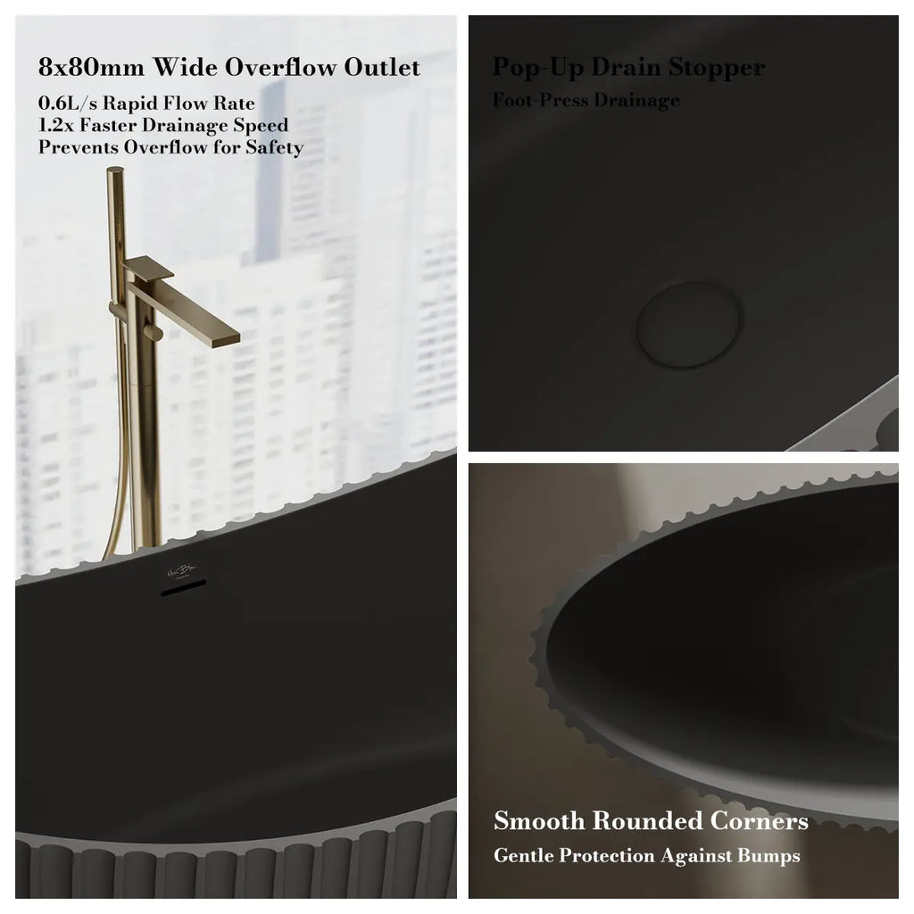 MonBlari Venus MR-88878 Black Solid Surface Fluted Double Slipper Bathtub 1800mm