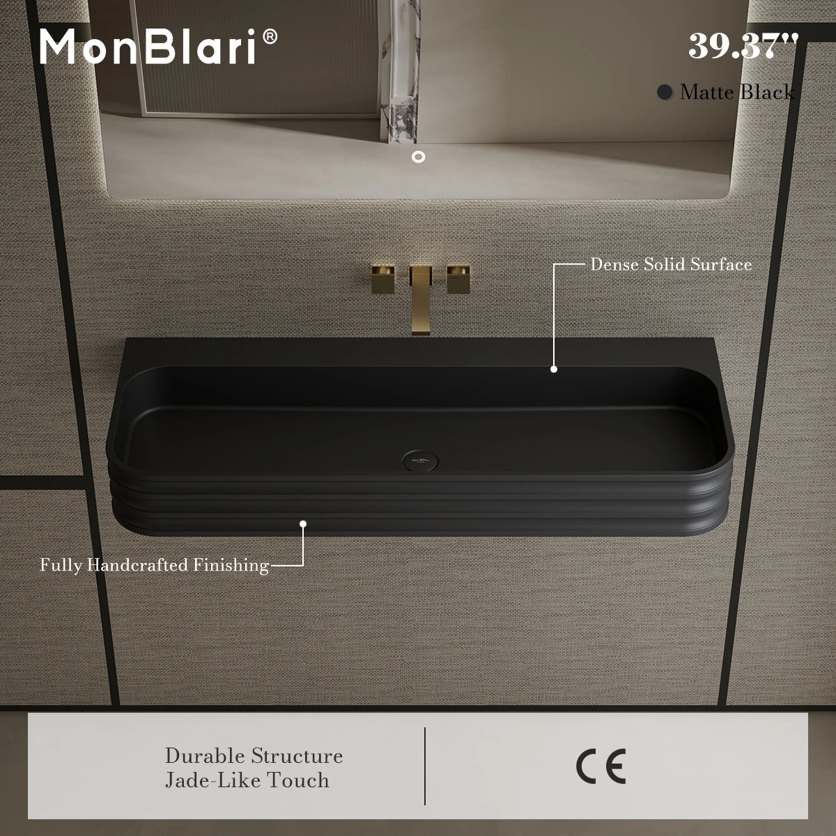 MonBlari MR-G8806-1 Black Wall-Mount Solid Surface Basin