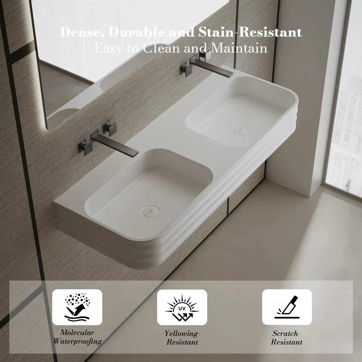 MonBlari MR-G8806-2 Solid Surface Basin Bathroom Double Wall Mount Sink 1200mm