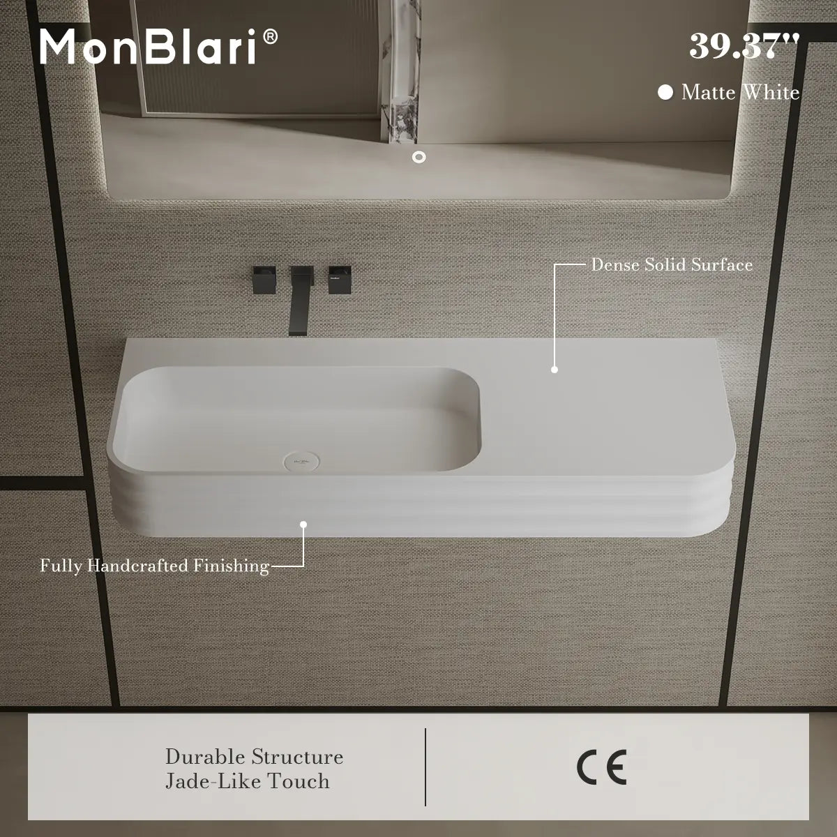 MonBlari MR-G8806-3 Solid Surface Wall-Mounted Basin Bathroom Sink