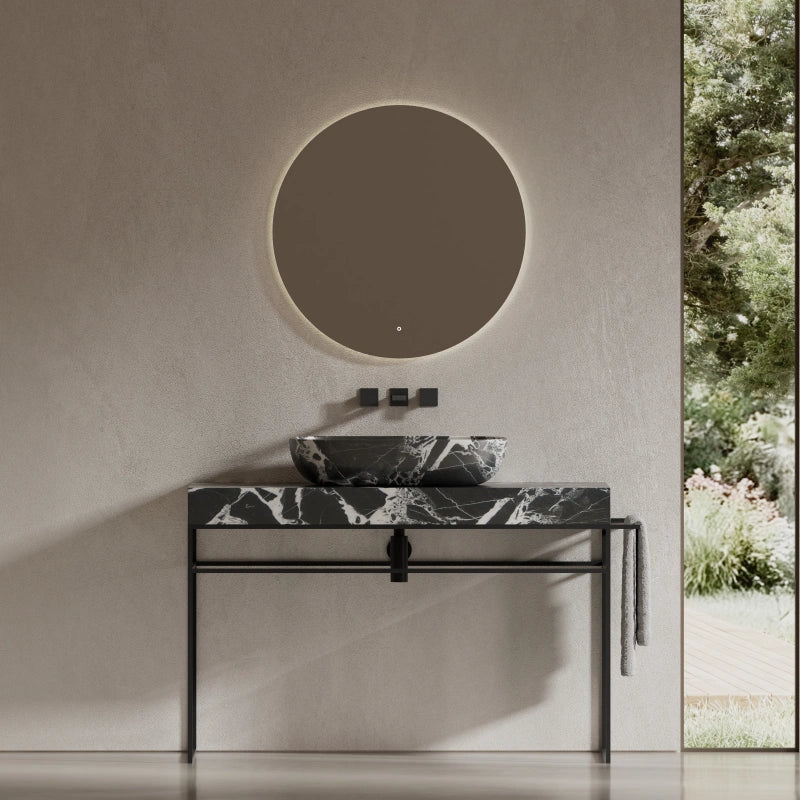 MonBlari Sculptural Marble Console Basin with Stainless Steel Frame & Towel Bar
