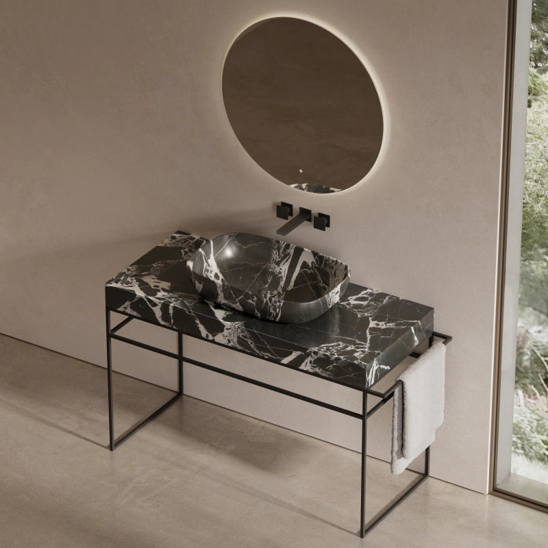 MonBlari Sculptural Marble Console Basin with Stainless Steel Frame & Towel Bar