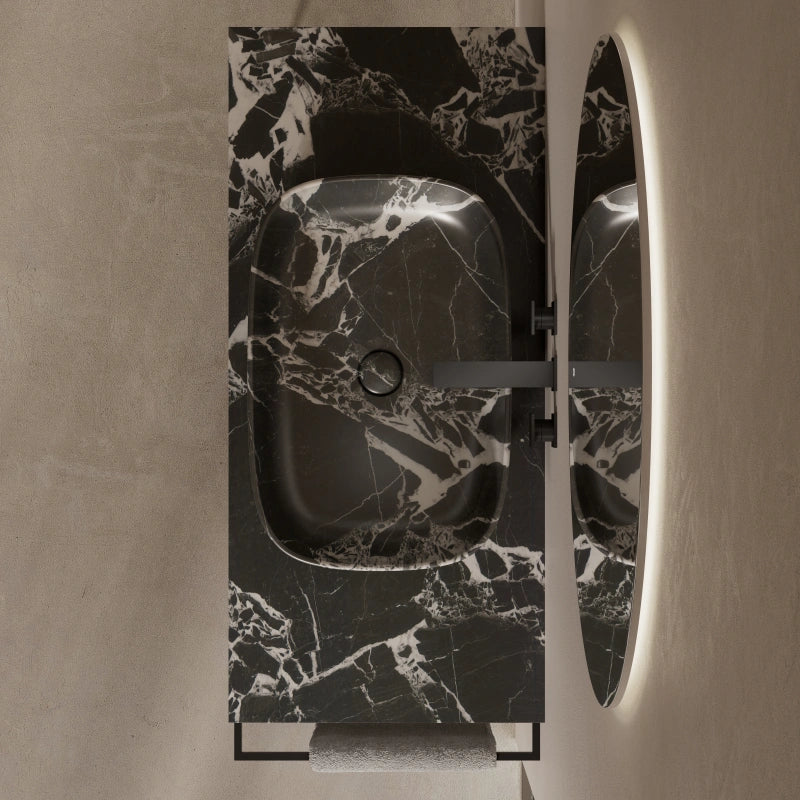 MonBlari Sculptural Marble Console Basin with Stainless Steel Frame & Towel Bar