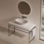MonBlari White Wood Grain Marble Console Sink with Stainless Steel Frame & Integrated Towel Bar