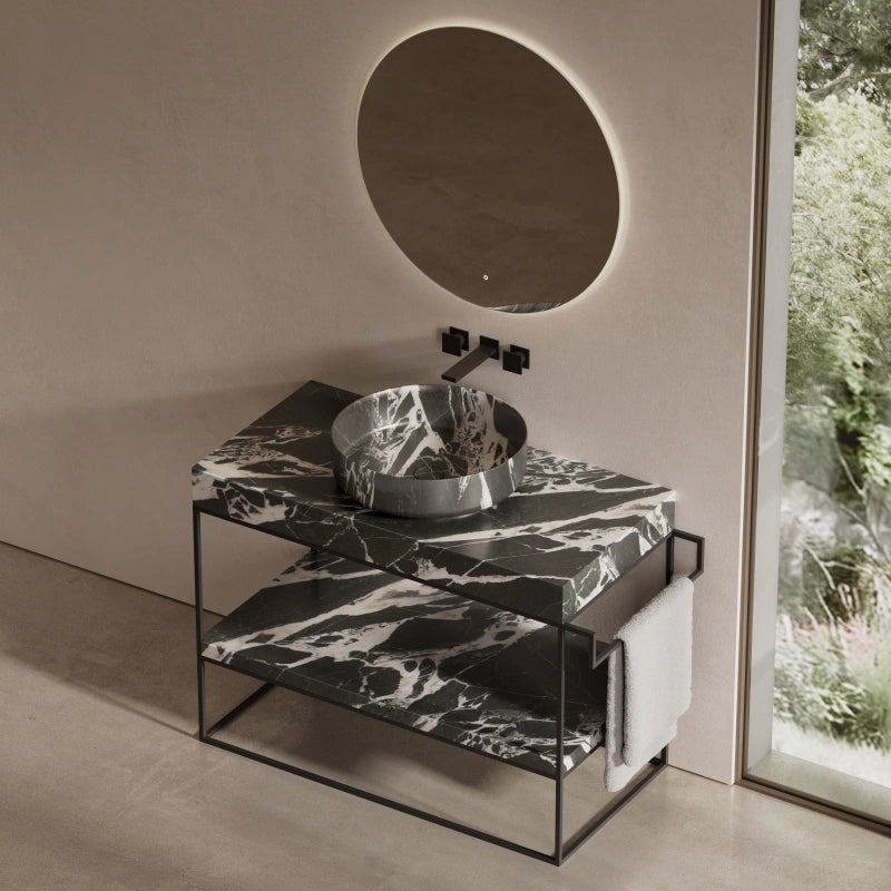 MonBlari Circular Natural Marble Console Basin with Side Towel Holder - Modern Stone Console