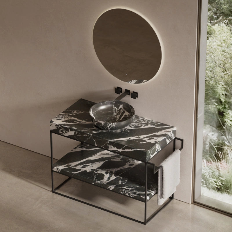 MonBlari Round Marble Console Basin with Sleek Stainless Steel Base