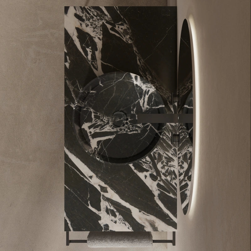 MonBlari Circular Marble Console Sink featuring a Streamlined Stainless Steel Stand