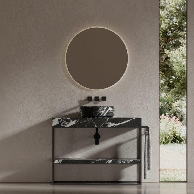 MonBlari Circular Marble Console Sink featuring a Streamlined Stainless Steel Stand