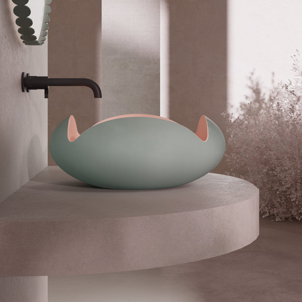 MonBlari FLOWER Series Green Pedestal Basin Side View Panorama-450x450x190mm-Scenario