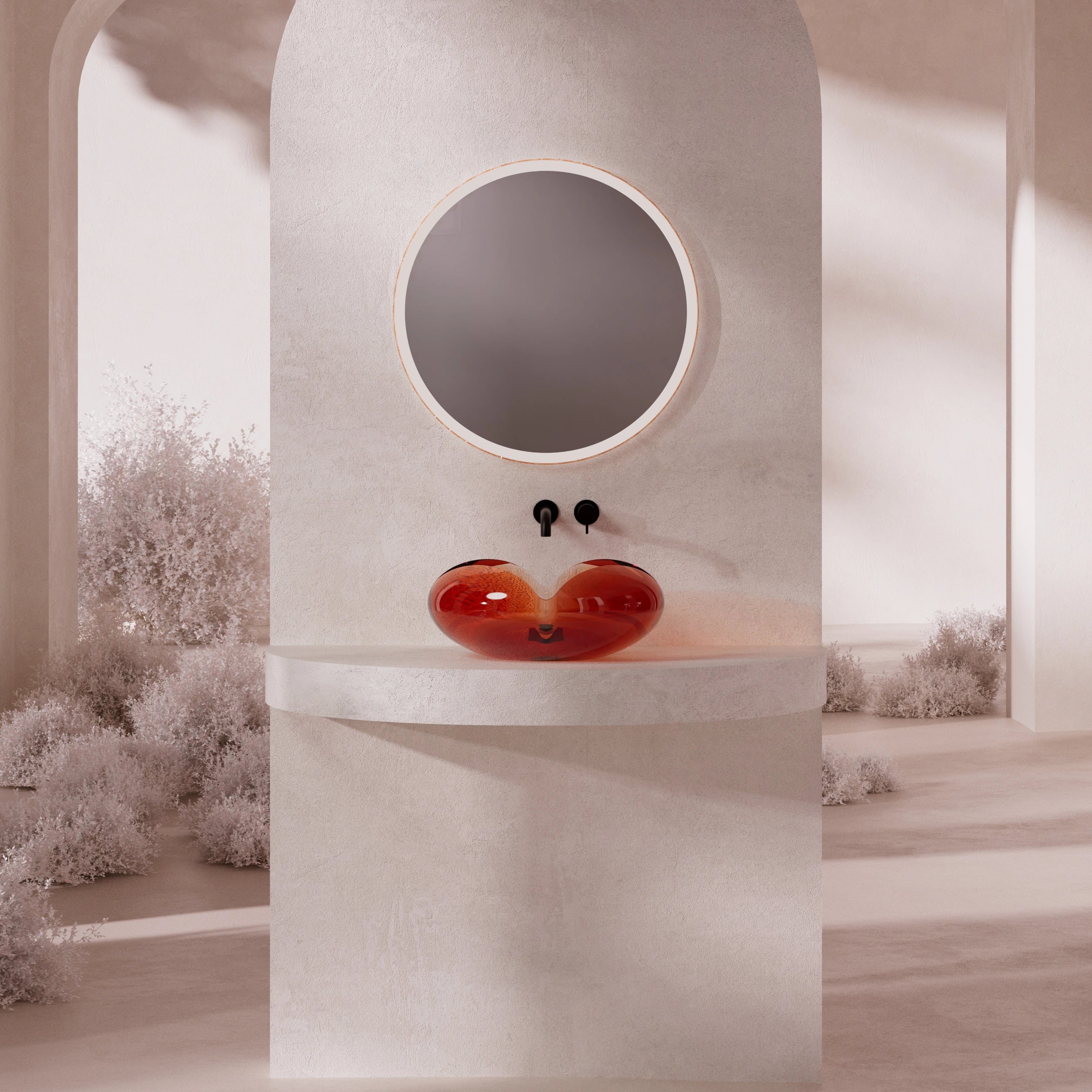 MonBlari FLOWER Series Petal-Shaped Bathroom Basin Front View Panorama-Wine Amber-450x450x190mm Main image