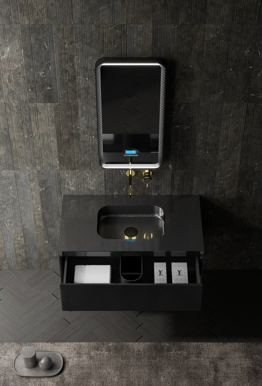 MonBlari MC-V9960 carbon fiber vanity units with mirror-39-4-inch top view close-up