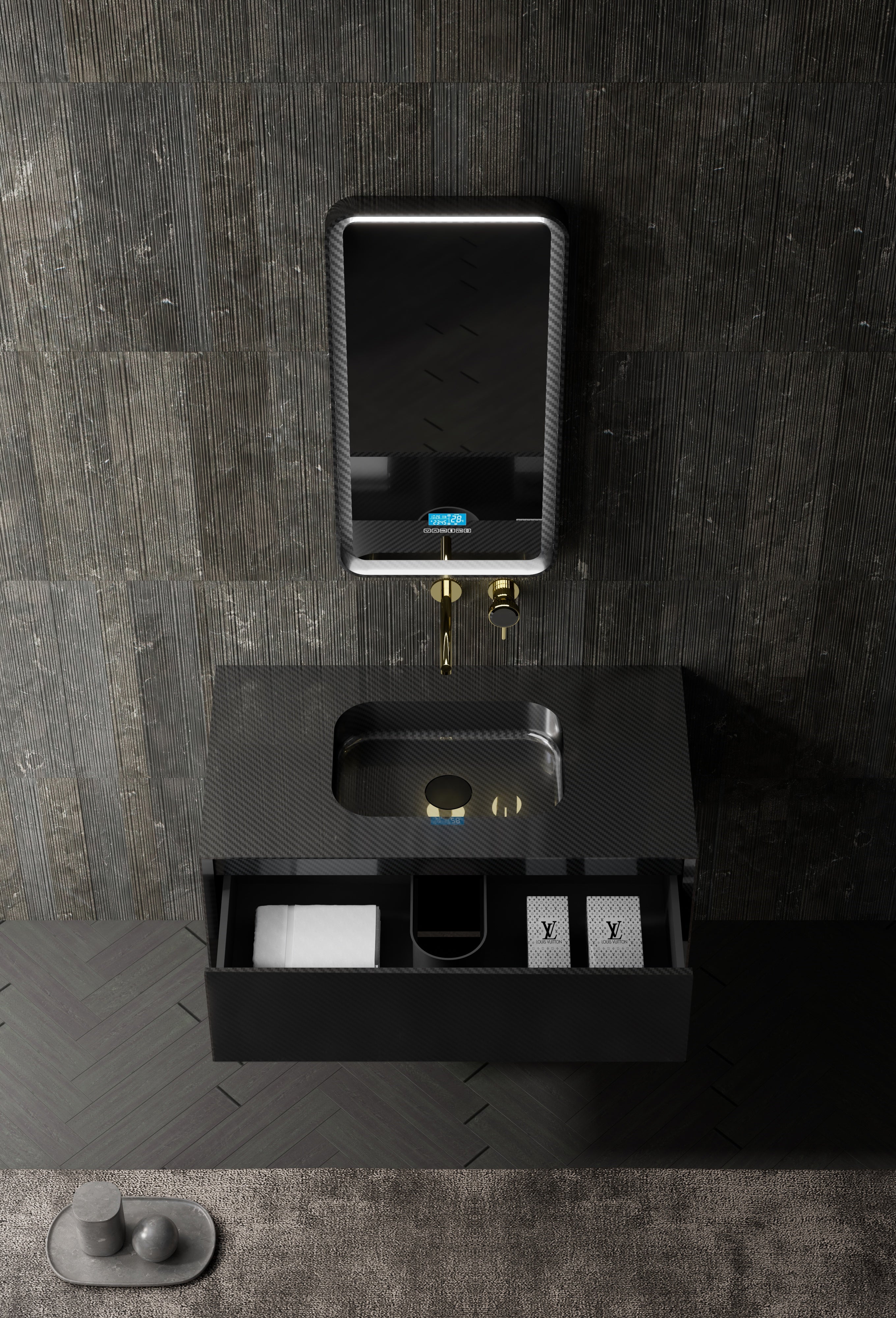 MonBlari MC-V9960 carbon fiber vanity units with mirror-39-4-inch top view close-up