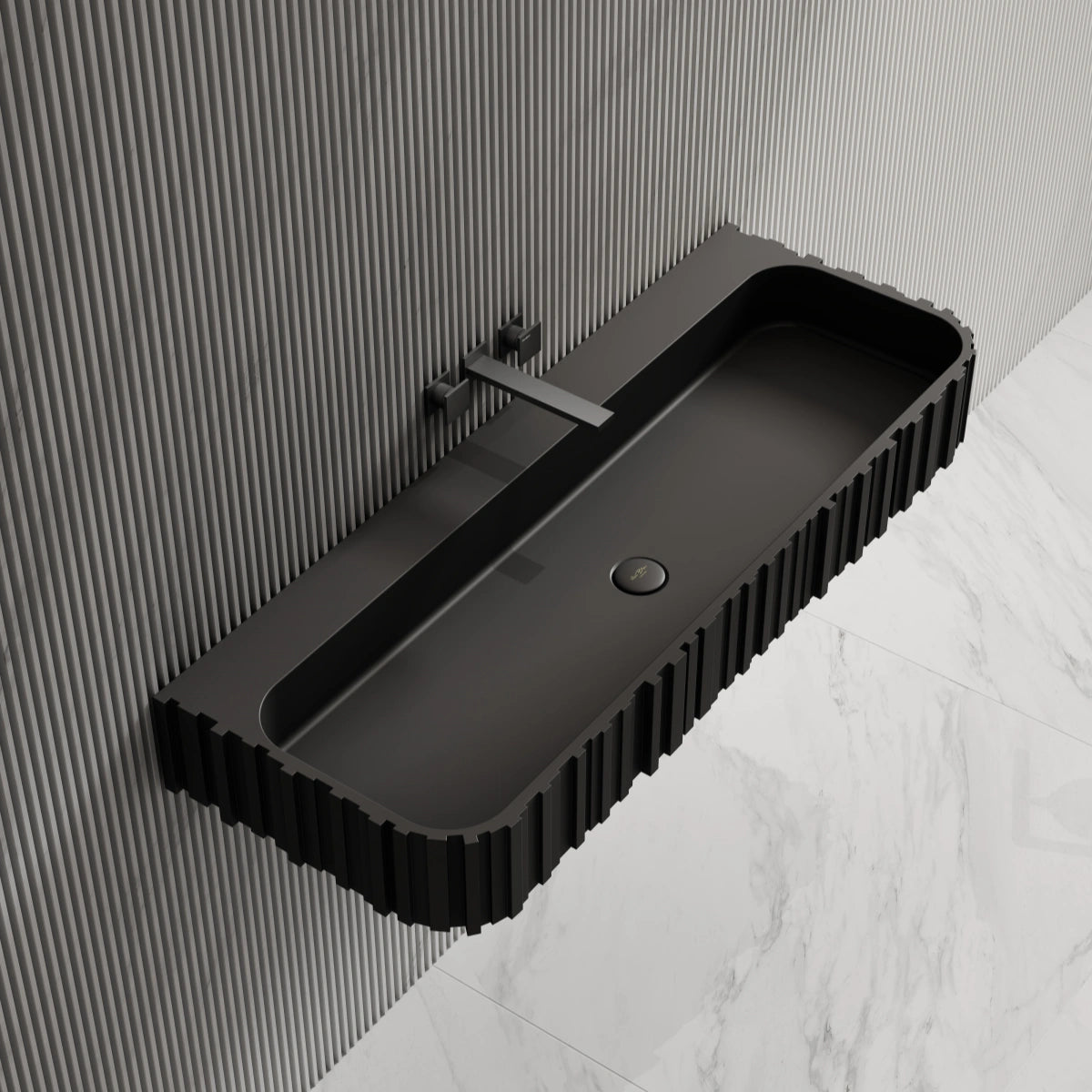 MonBlari MR-G8856-1 black solid surface wall-mounted basin side top view close-up