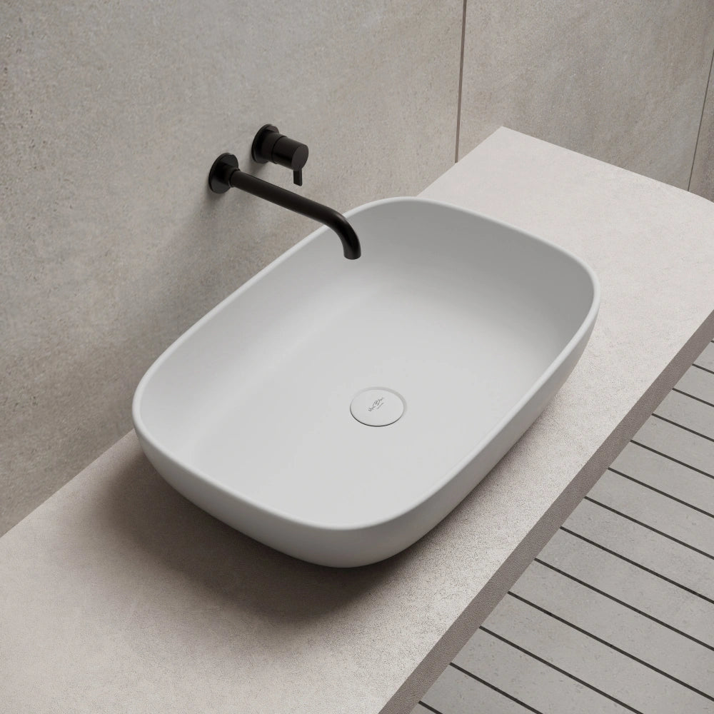 MonBlari TW-A102 Solid Surface Countertop Vessel Bathroom Sink 600mm Left Side Top View Close-up
