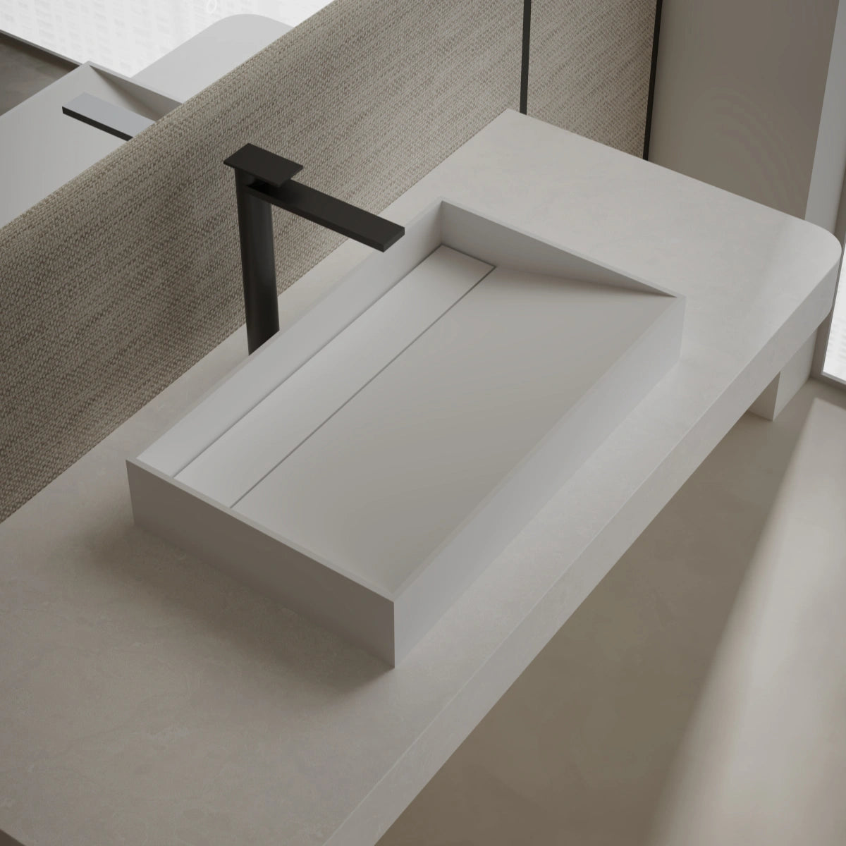 MonBlari TW-A160 White Countertop Solid Surface Basin Side Top View Main image