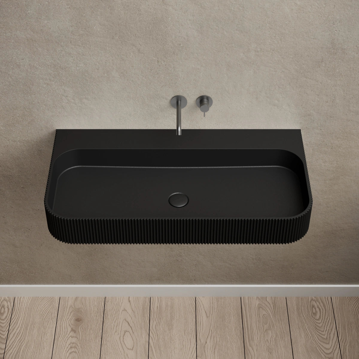 MonBlari TW-G261 Black Solid Surface Wall-Mounted Basin Front Top View Close-up