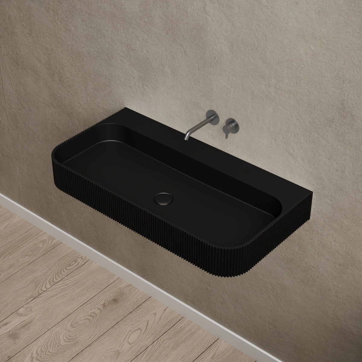 MonBlari TW-G261 Black Solid Surface Wall-Mounted Basin Side Top View Detail