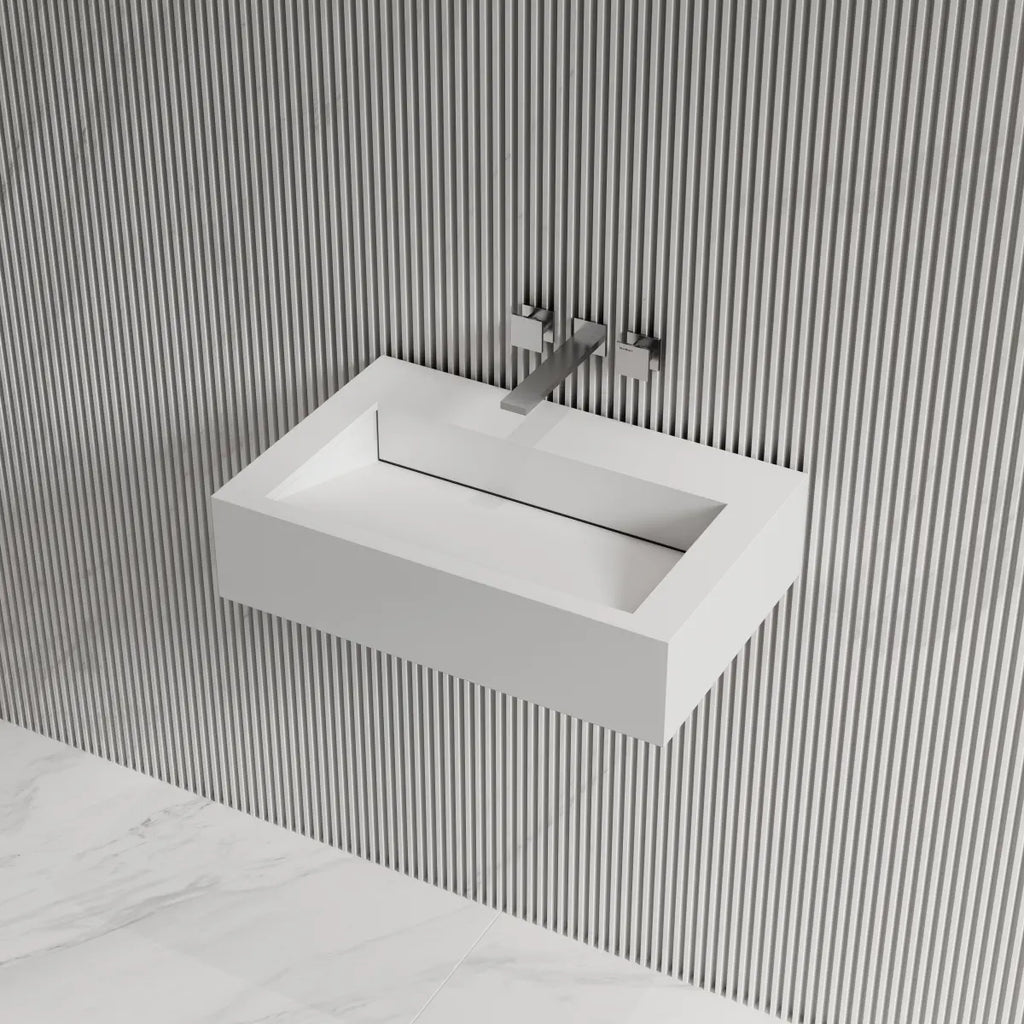 MonBlari TW-G272 Solid Surface Wall-Mounted Basin 600mm Side Top View Close-up