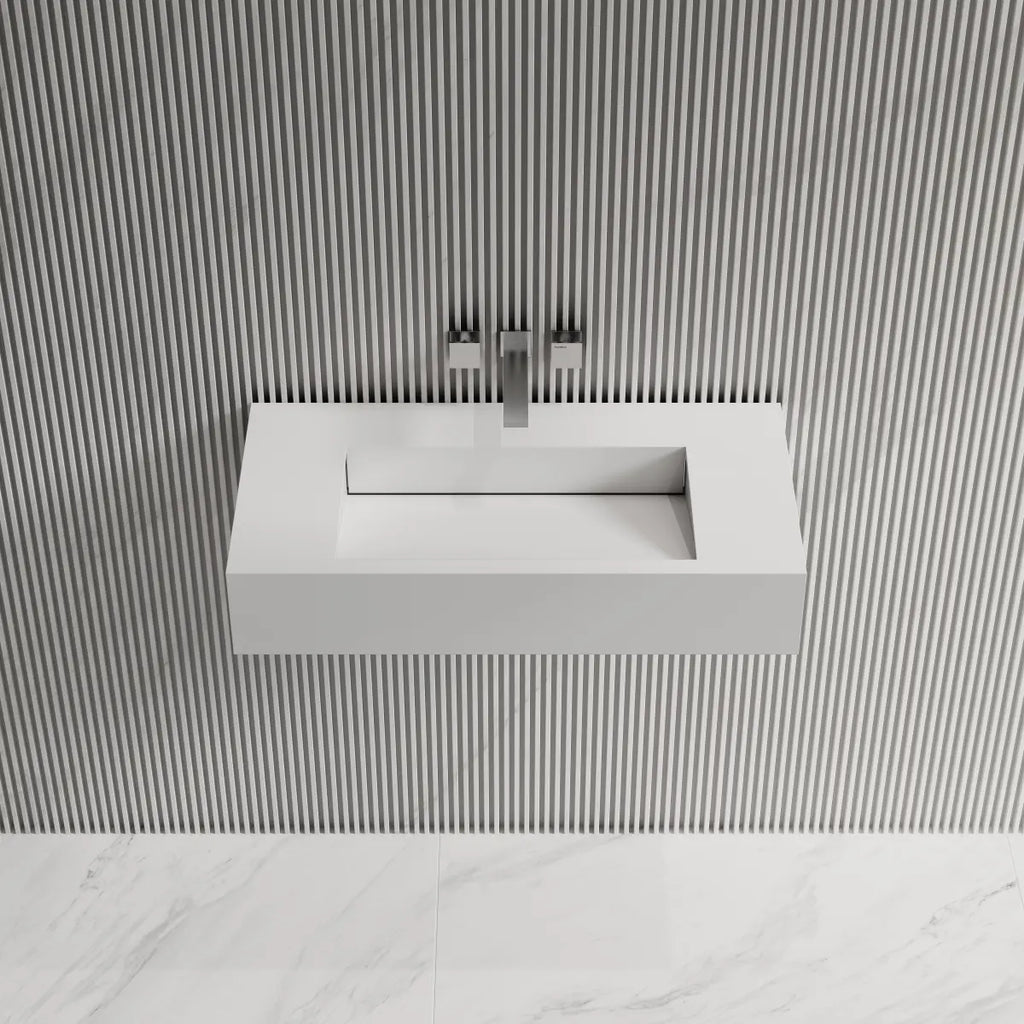 MonBlari TW-G273 White Solid Surface Wall-Mounted Basin 800mm Front Top View Close-up