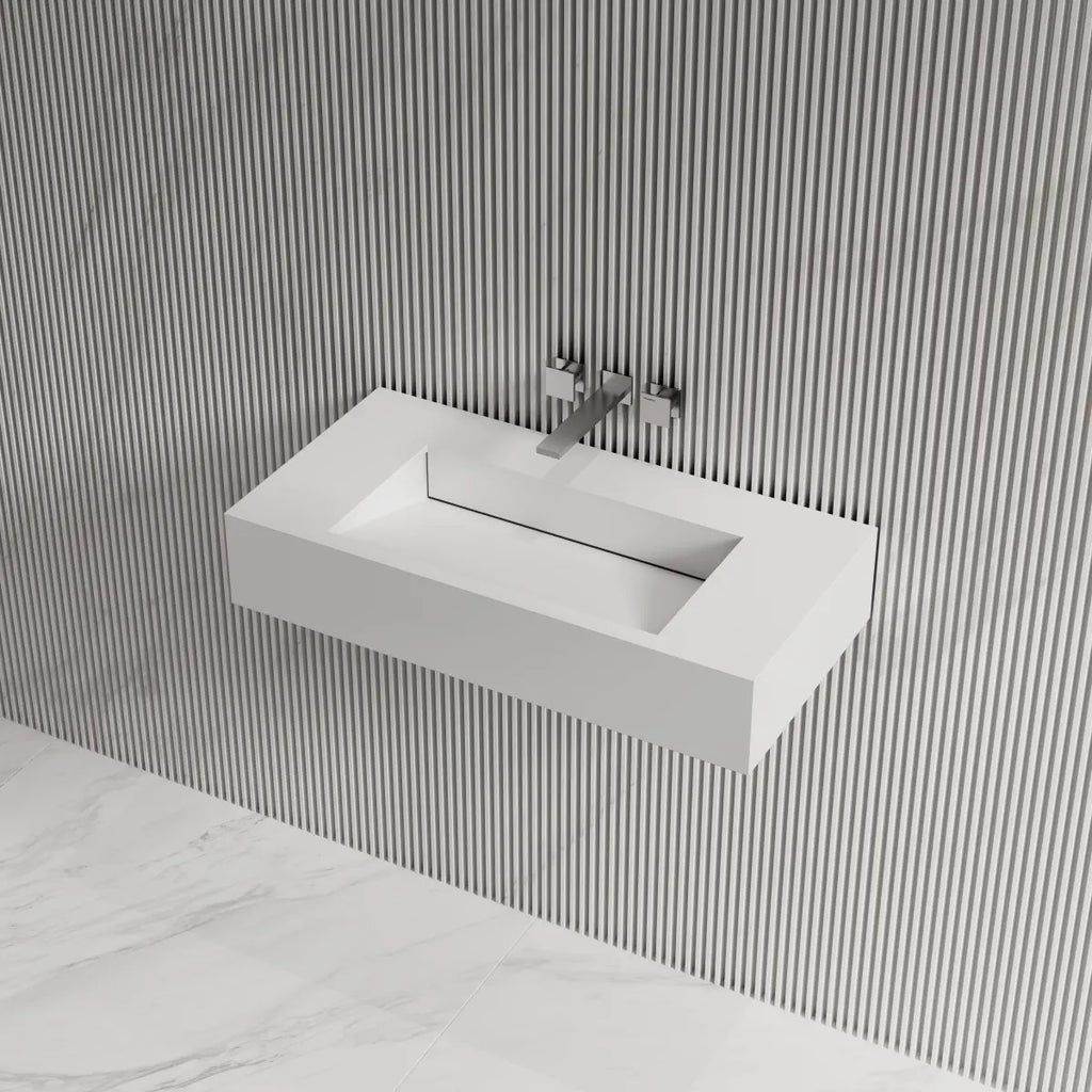 MonBlari TW-G273 White Solid Surface Wall-Mounted Basin 800mm Side Top View Close-up
