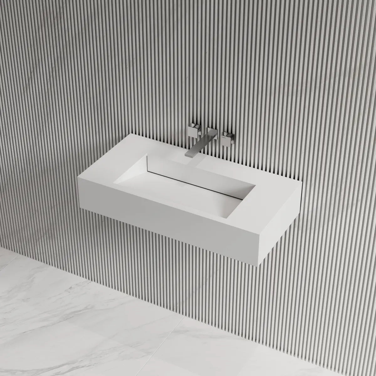 MonBlari TW-G273 White Solid Surface Wall-Mounted Basin 800mm Side Top View Close-up