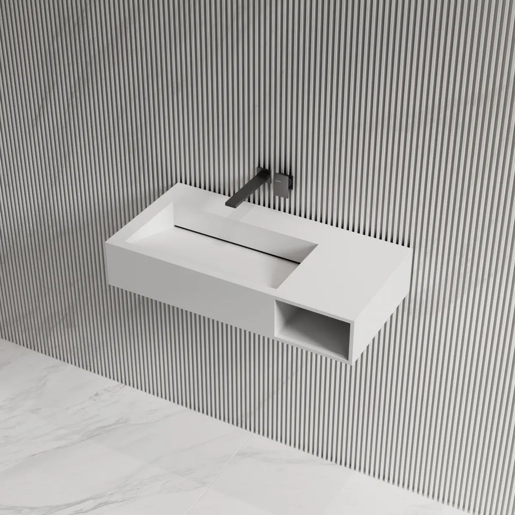 MonBlari TW-G281 Solid Surface Wall-Mounted Basin Bathroom Sink 800mm Side Top Vew Close-up