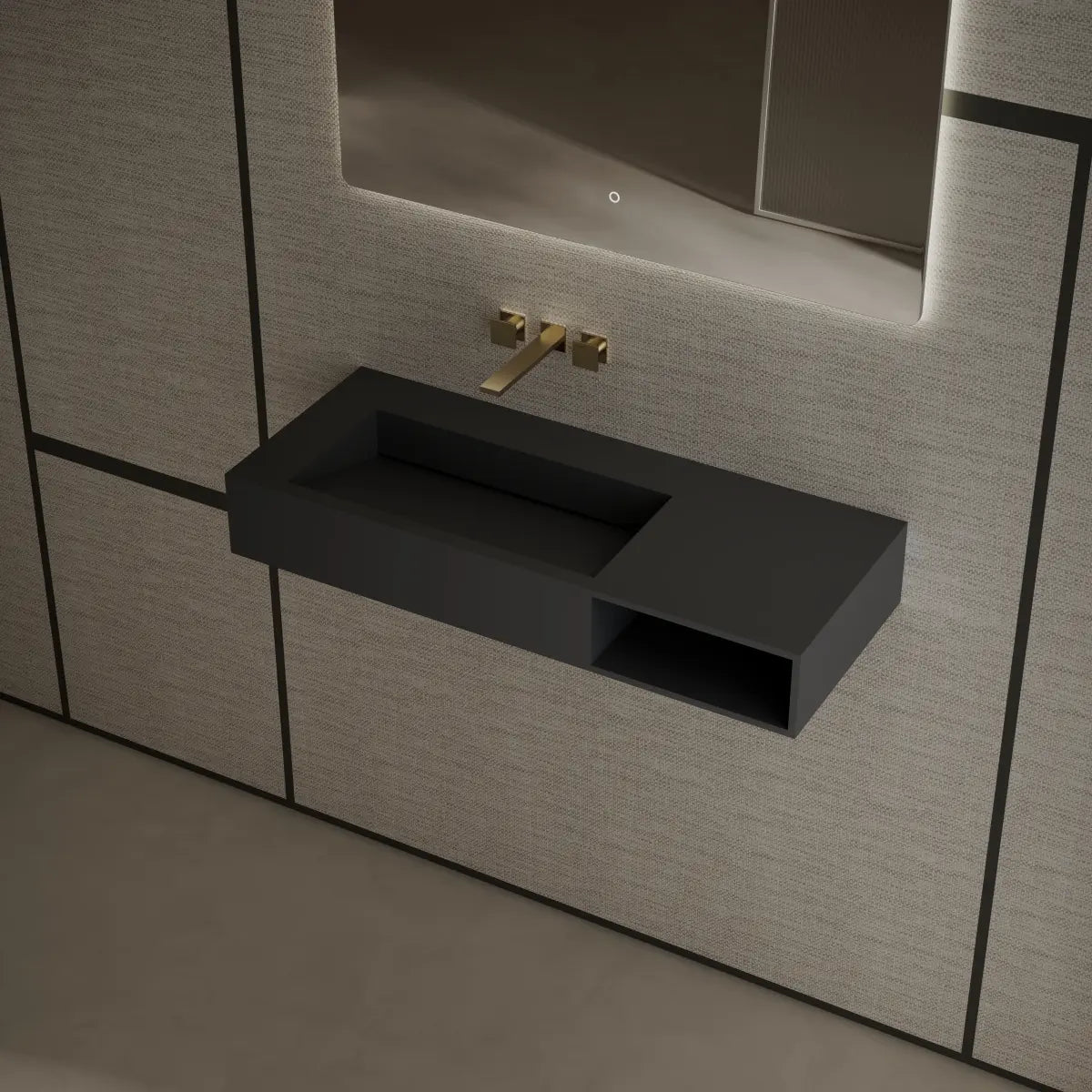 MonBlari TW-G282 Black Solid Surface Wall-Mount Basin Bathroom Sink 1000mm Side Top View Close-up Main image