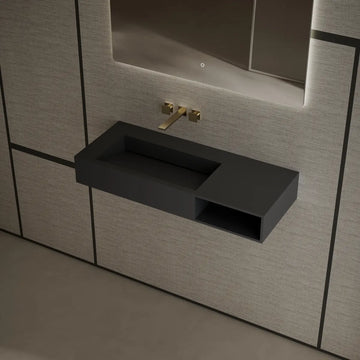 MonBlari TW-G282 Black Solid Surface Wall-Mount Basin Bathroom Sink 1000mm Side Top View Close-up