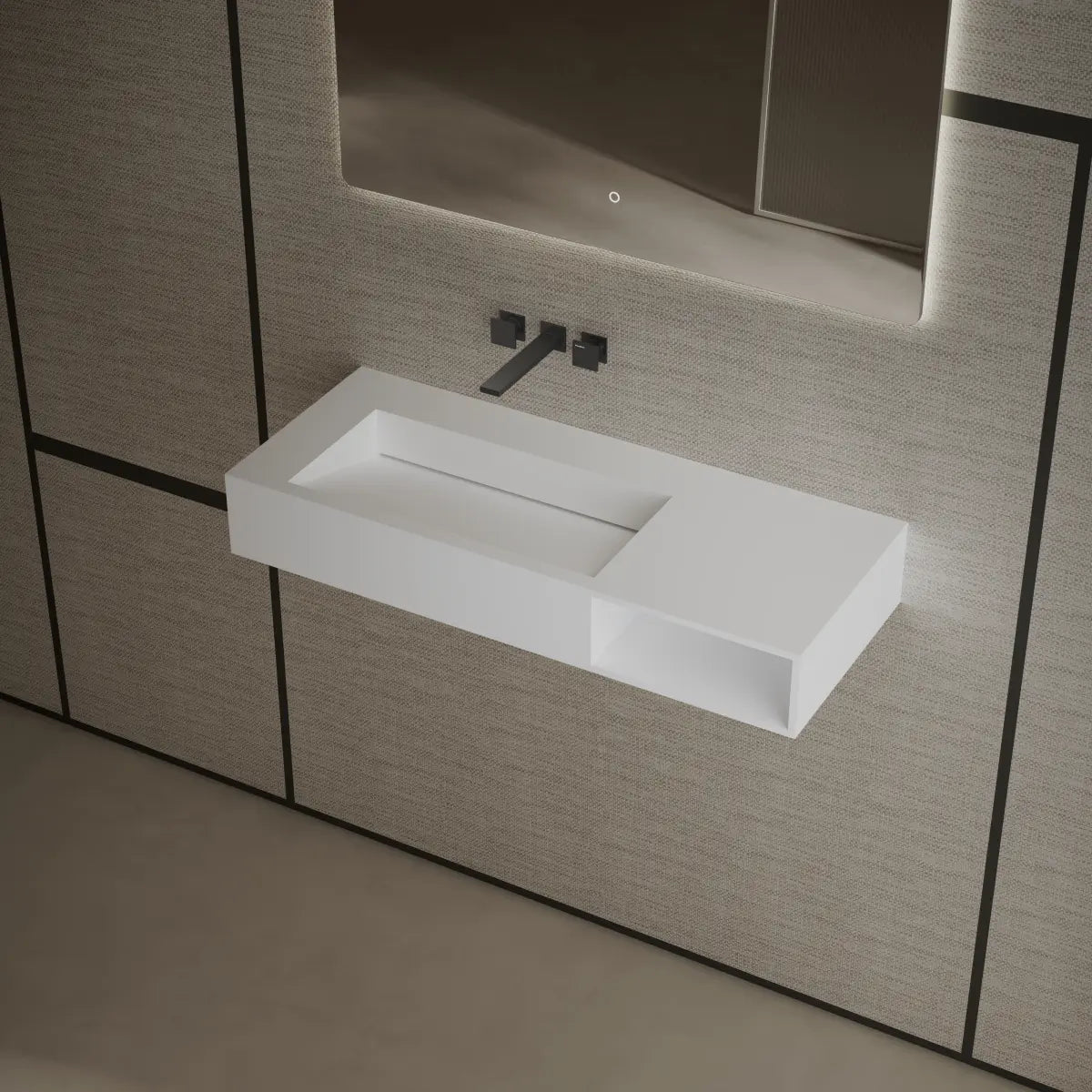 MonBlari TW-G282 White Solid Surface Wall-Mount Basin 1000mm Side Top View Close-up Main image