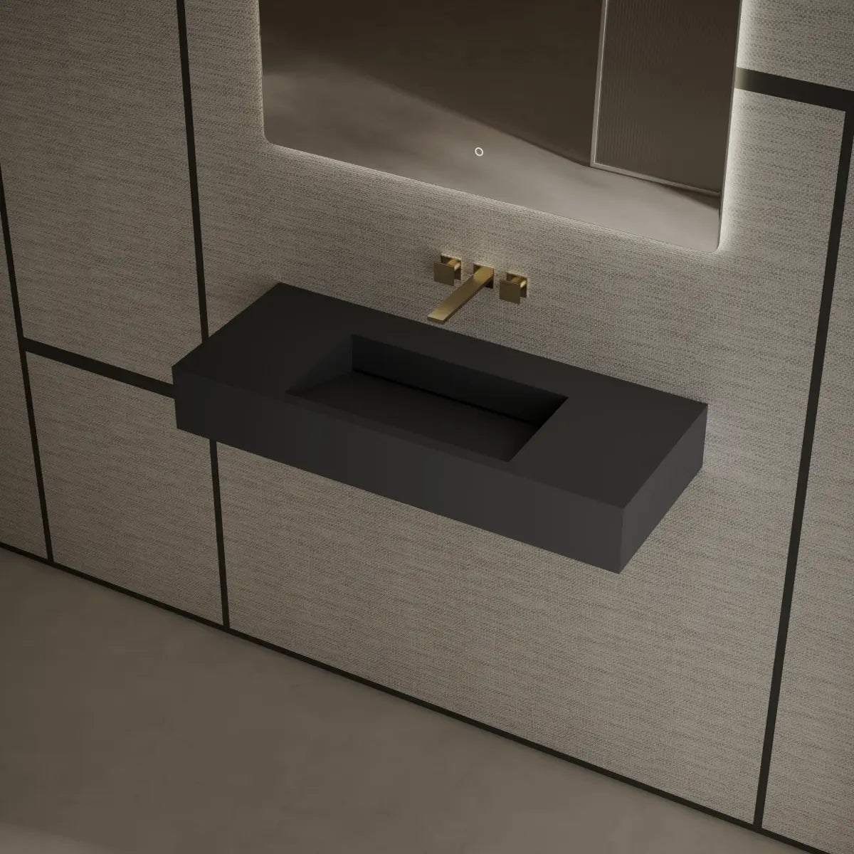 MonBlari Tw-G275 Black Wall-Mount Solid Surface Basin Side Top View Main image