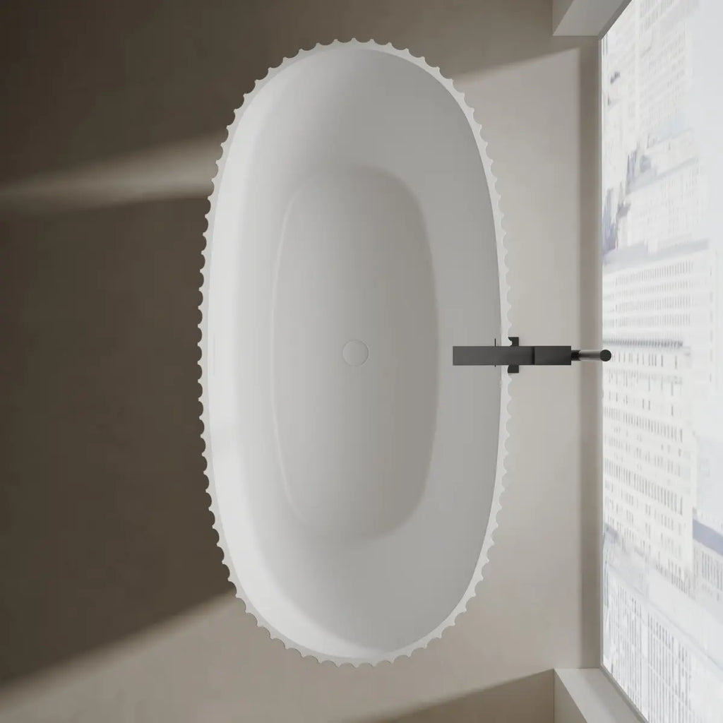 MonBlari Venus Series Mr-88877 White Arc-shaped Freestanding Solid Surface Bathtub Top View Close-up