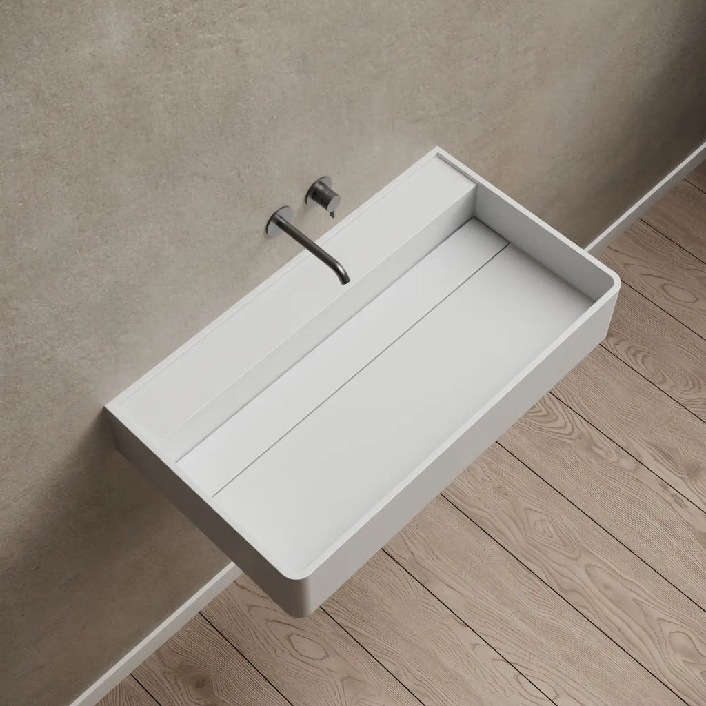 MonBlari XA-G10B Solid Surface Wall-Mounted Basin 600mm - 800mm Side Top View Close-up