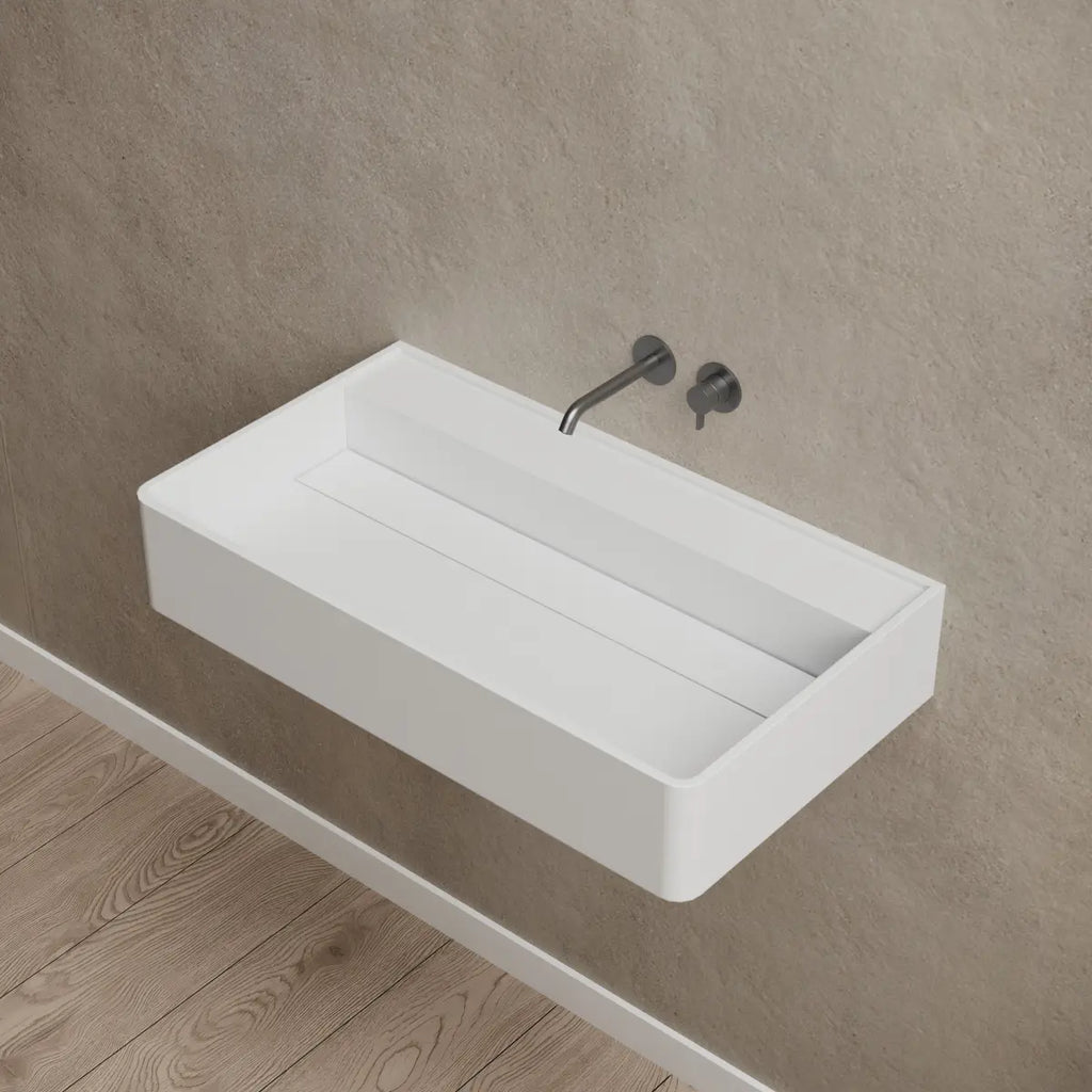 MonBlari XA-G10B Solid Surface Wall-Mounted Basin 600mm - 800mm Side Top View Close-up