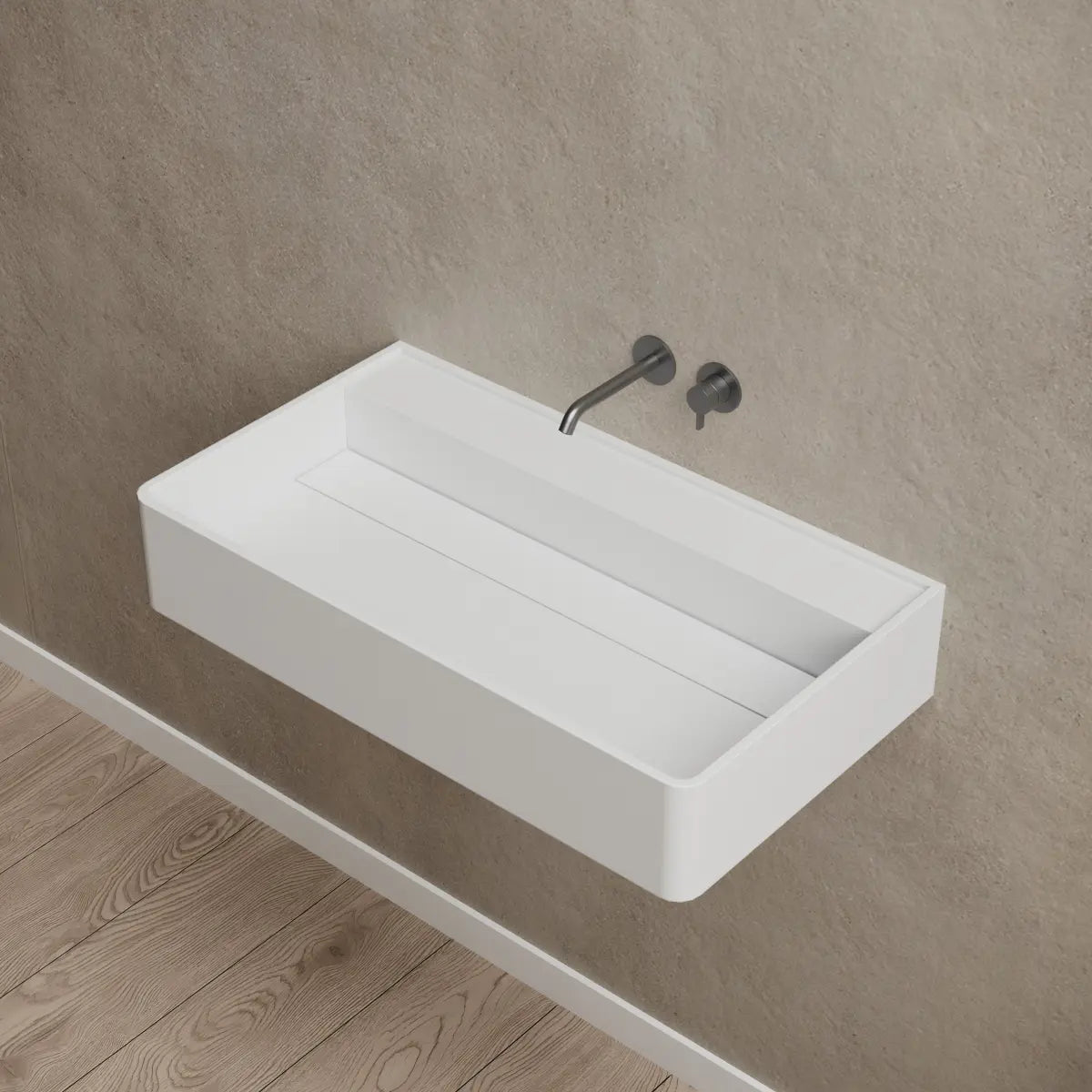 MonBlari XA-G10B Solid Surface Wall-Mounted Basin 600mm - 800mm Side Top View Close-up