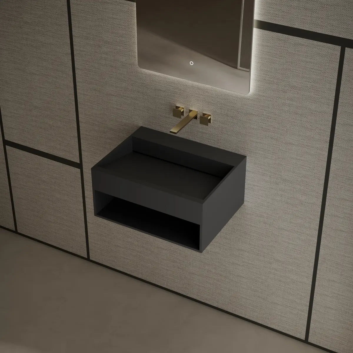 MonBlari XA-G71 Black Solid Surface Wall-Mount Basin 600mm - 800mm Side Top View Close-up Main image